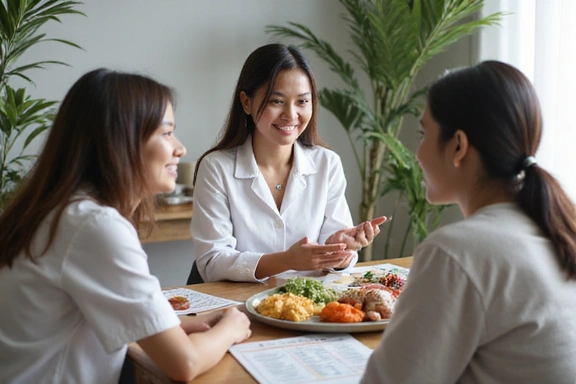 A nutritionist consulting with a client, demonstrating a client-centric approach, with diverse healthy food options on the table.