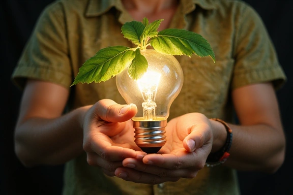 A person holding a light bulb with a leaf growing inside, symbolizing knowledge, growth, and sustainable health. Set against a backdrop of Indonesian batik patterns.
