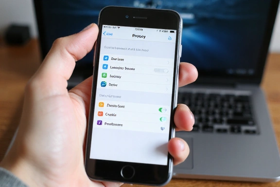 Hand holding a smartphone with privacy settings on screen